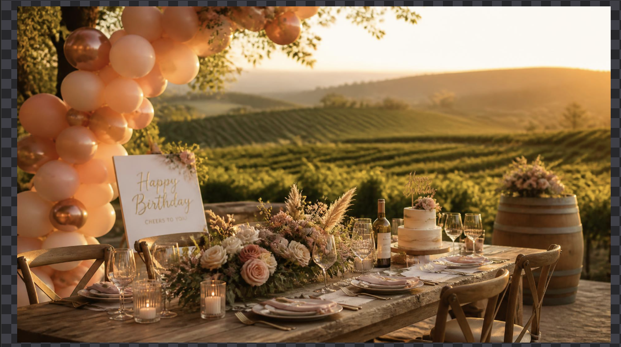 Elegant golden-hour vineyard birthday table with peach balloons, roses, cake and rolling green hills