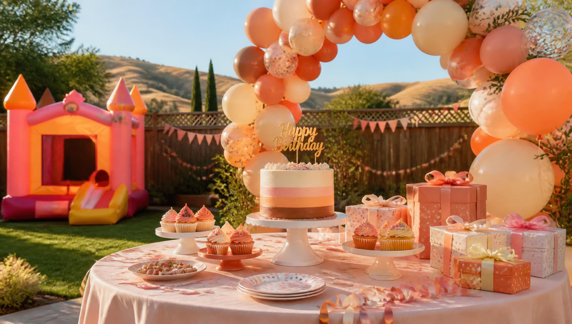 Cheerful kid-friendly backyard birthday party with a bounce house, balloon arch, cake, cupcakes and gift boxes in sunny Tri-Valley